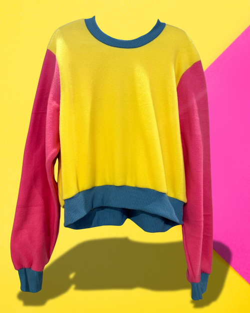 Ebony Bolts Flumper fleece jumper in pink and yellow, our best-selling colourway